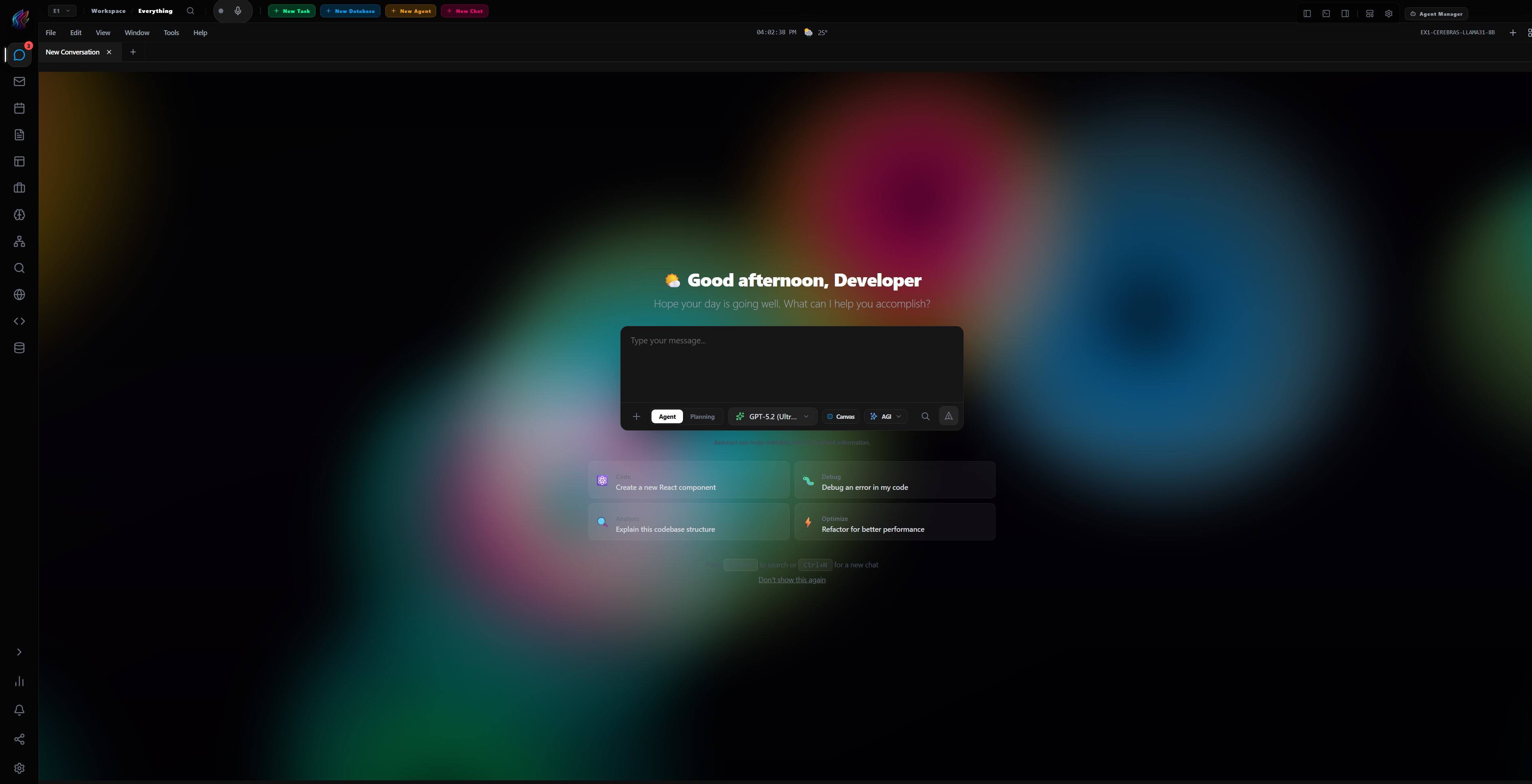 EX1 workspace showing the agent chat and command interface
