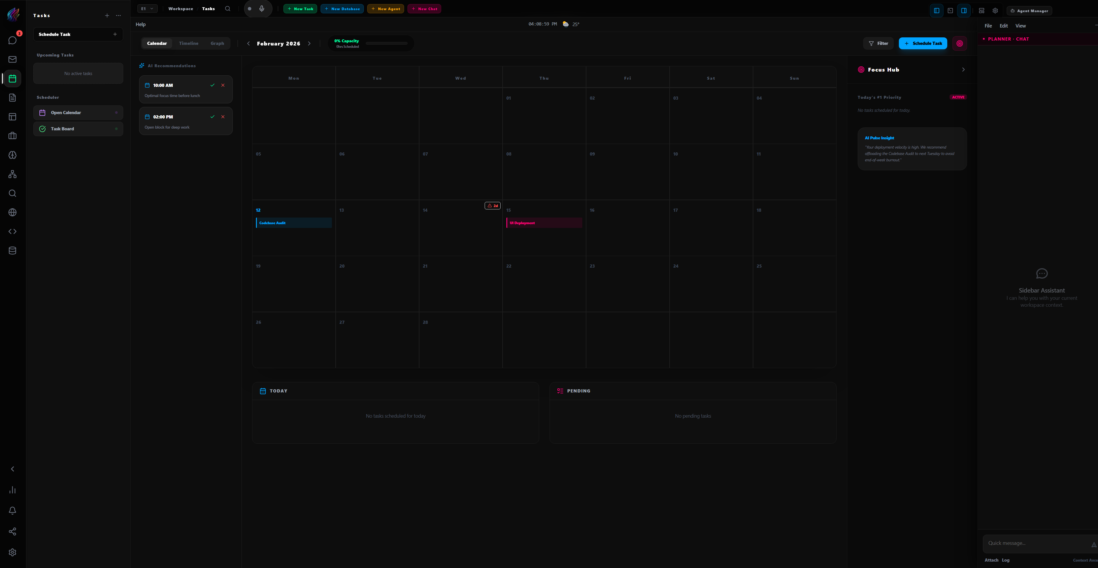 EX1 task workspace with calendar, planning, and assistant panels